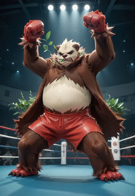Score_7_up, score_8_up, score_9, full body, pangoro, shiny Pokemon, red hands, brown and white fur, fur cape, plant in mouth, empty eyes, arms raised, angry, sharp teeth, fighting pose, indoors, dramatic lighting, boxing shorts