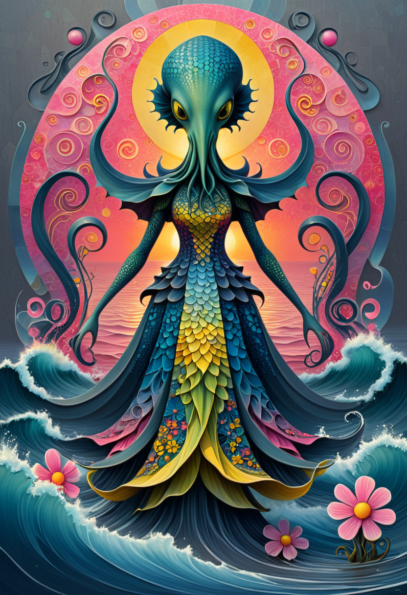 A full-body shot of a cute Cthulhu creature, Stylized anthropomorphic character surrounded by waves and sunset, Stylized female figure with a mosaic-patterned dress and flowers, Michael Cheval, Simon Stålenhag, James Bama, with a gradient of colors including pink, blue, and yellow, in a flat art cartoon style, in a whimsical and surreal style, with feminine curves, in a balanced and centered composition, abstract shapes in gradient colors, captures a harmonious blend of organic and mystical elements, surrounded by pink flames., dark grey, fine lines and smooth gradients create a harmonious look   masterpiece, detailed, best quality, absurd resolution,  <lora:artfully_CHARECHELIER:0.8>,