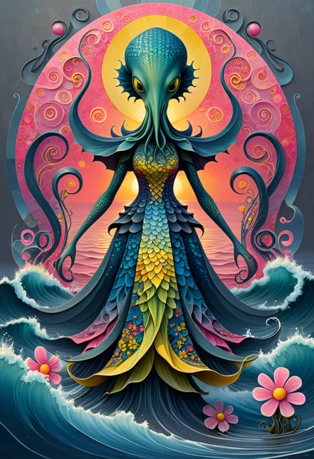 A full-body shot of a cute Cthulhu creature, Stylized anthropomorphic character surrounded by waves and sunset, Stylized female figure with a mosaic-patterned dress and flowers, Michael Cheval, Simon Stålenhag, James Bama, with a gradient of colors including pink, blue, and yellow, in a flat art cartoon style, in a whimsical and surreal style, with feminine curves, in a balanced and centered composition, abstract shapes in gradient colors, captures a harmonious blend of organic and mystical elements, surrounded by pink flames., dark grey, fine lines and smooth gradients create a harmonious look   masterpiece, detailed, best quality, absurd resolution,  <lora:artfully_CHARECHELIER:0.8>,