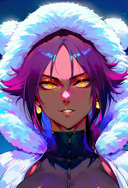 portrait, Masterpiece, Best Quality, Best Score, Best Anatomy,ultra deitailed,white suit,sci-fi, futuristic, shiny brilliant yellow eyes,
Yoruichi Shihouin, 1girl, (dark-skinned), purple hair, ponytail, brilliant earrings, shiny teeth, big white winter fur coat with a big fur hood, over black bodysuit,
detailed winter background
<lora:add-detail-xl:1>, <lora:nyalia_NoobXL:0.3>, <lora:cutesexyrobutts_style_illustrious_goofy:0.2>, <lora:nabibutterILLUS:0.1>, usnr, <lora:USNR STYLE_XL_loha:0.9>,