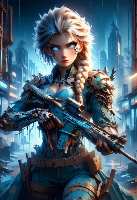 score_9, score_8_up, score_7up, (Masterpiece:1.4), (best quality:1.2), (vivid colors), cyberpunk, nipple, grey and yellow, background, <lora:Neon_Splash_Art_for_Pony:1>, (Masterpiece:1.4), (best quality:1.2), (vivid colors), mad-cbrpnksplshrt, best lighting, vivid color, easynegative, full body picture, full length portrait, ElsaXPL, white hair, cleavage, blue clothes, (single braid over shoulder:1.4), cybrk, cyberpunk, cyberpunk body armor, assault rifle, hold an assault rifle, ho1ding-weap0n, holding rifle, sliver snowflake crest, shoulder pads, cargo pants, high heel boots, bright color, digital art, selective brightness, easynegative, neon lights, rainy city streets, standing in the middle of a street, blood splatter clothes, holding assault rifle, fierce expression, wet hair, smoldering eyes, beautiful, large breasts, view down a dirty street, trash, Post apocalyptic, Android, Futuristic image, Cyberpunk city