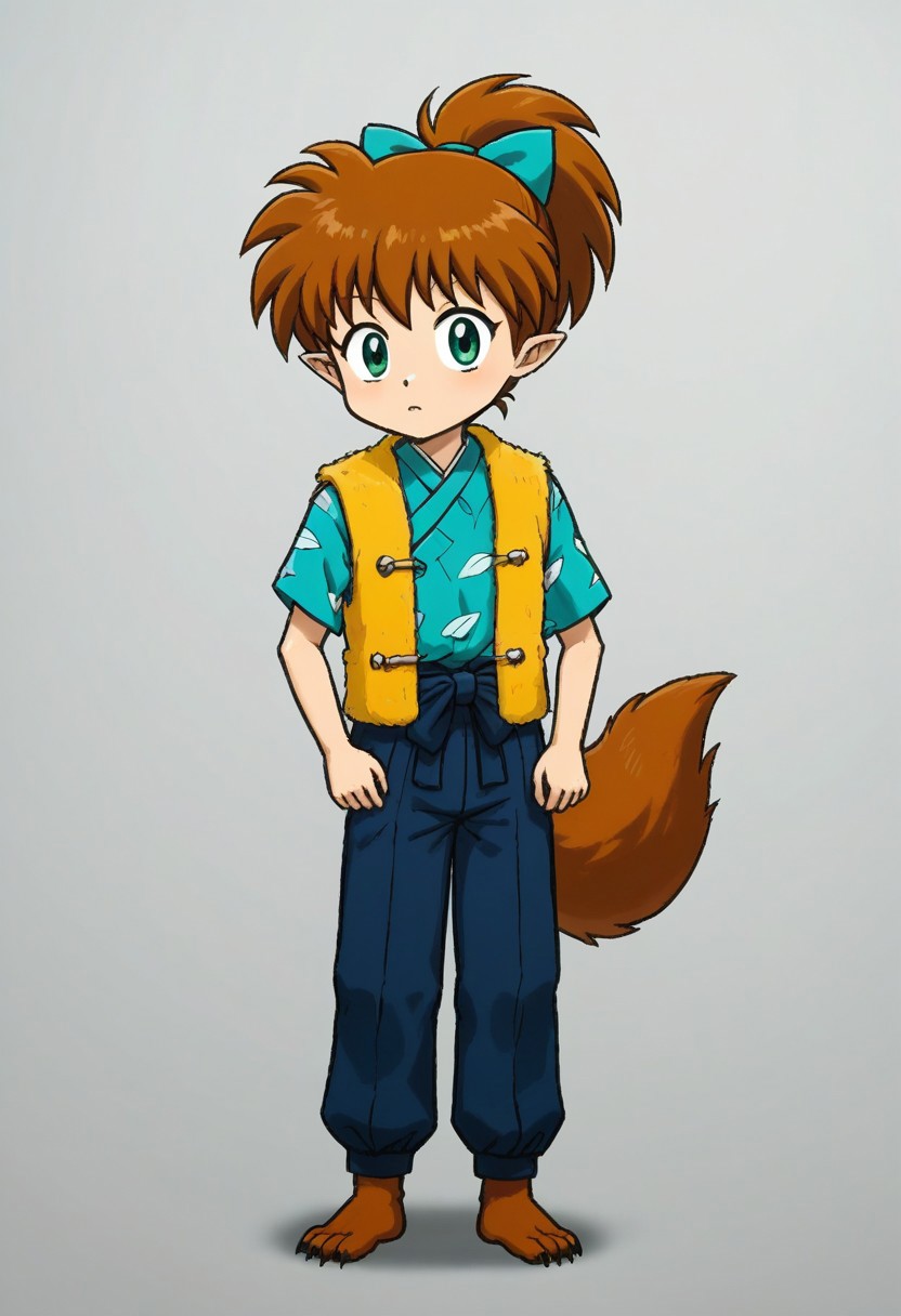 evi@decrepPunk, TangiriniStyle, 5 fingers,expressive eyes, young, 1boy, solo, Decrepit Bot fox tail, Decrepit Bot fox feet, turquoise bow, Cyber Punk happi shirt, fur vest, blue hakama pants, green eyes, brown hair, japanese clothes, Decrepit Bot pointy ears, Decrepit Bot tail, ponytail, moving, outside,  <lora:Shippo_Inuyasha:1>