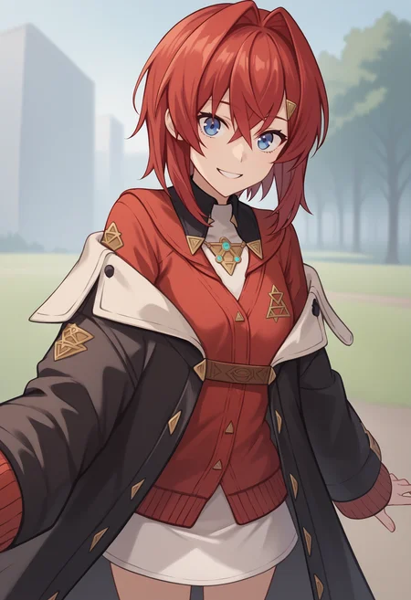score_9, score_8_up, score_7_up, source_anime, ak1, blue eyes, red hair, short hair, hair between eyes, hair intakes, hairclip, hair ornament, cardigan, red cardigan, off shoulder, coat, black coat, long coat, jacket, black jacket, white skirt, smile, pov, cowboy shot, outdoors<lora:AngeKatrinaXLv2-19:1>