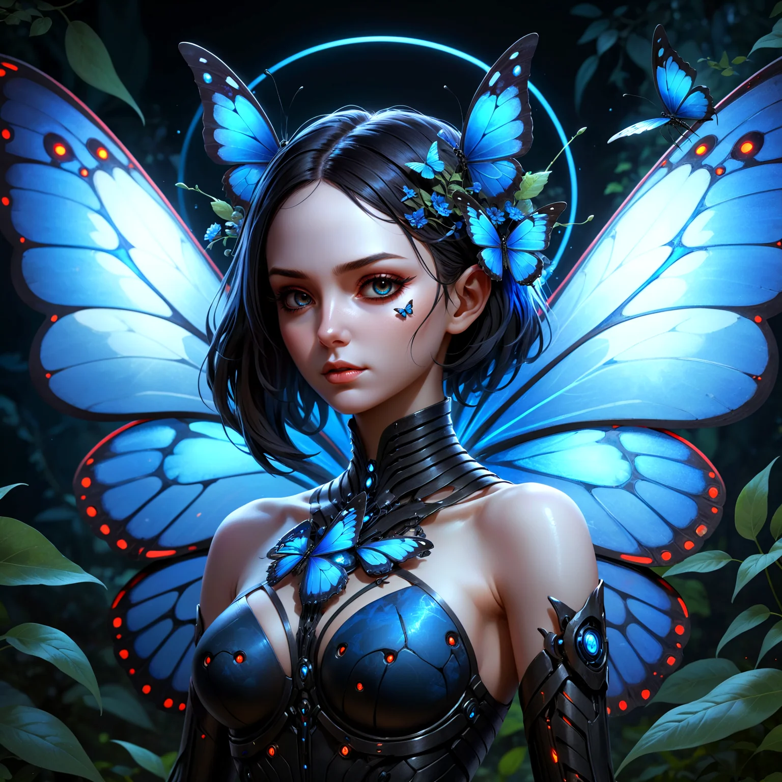 neonpunk style Gothic style a woman with wings and a butterfly wings, sci - fi art, magical plants, glowing blue butterflies, cyberpunk garden, crimson - black bee army behind, allelomorphic metamorphosis, transformation scene, fantastic realism, interconnected human lifeforms, fractal skin, wonderful techno party, smooth anime cg art . Dark . cyberpunk