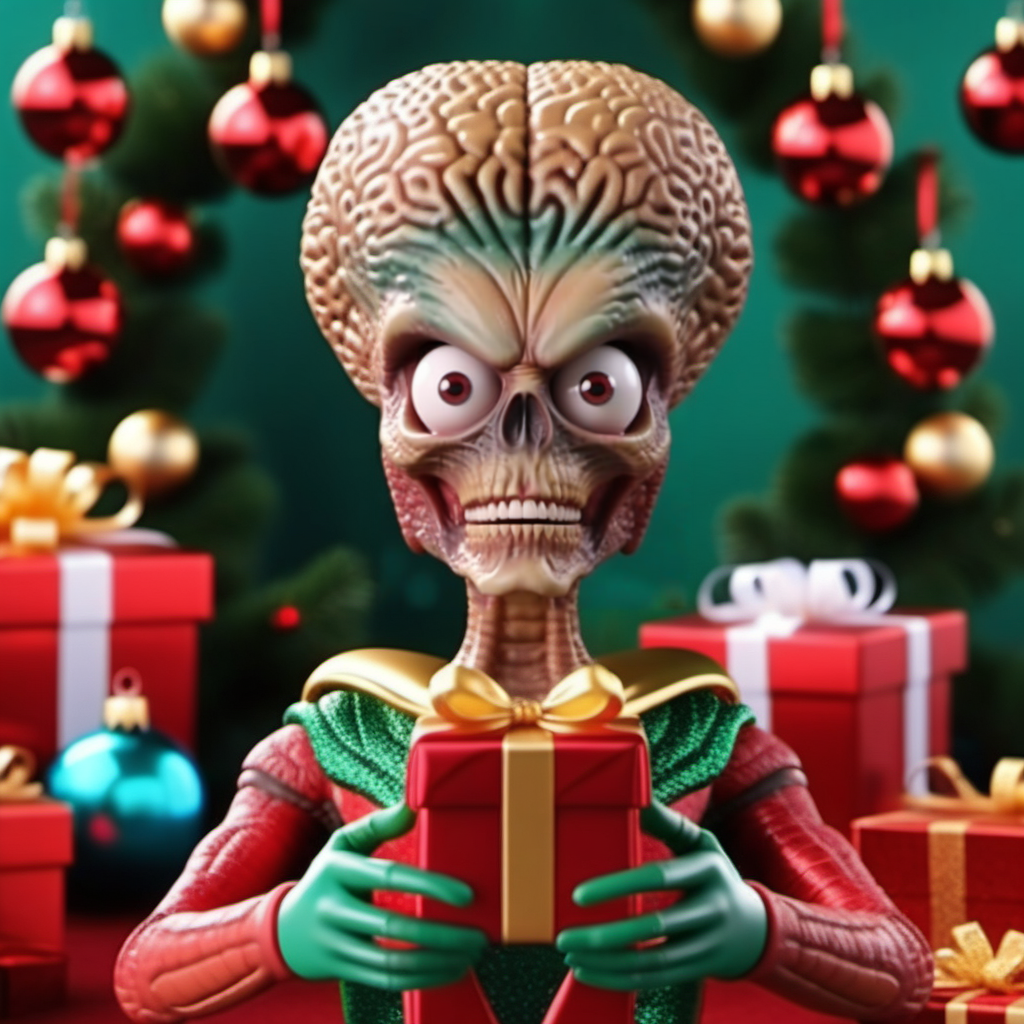 MarsAttack1024, an alien, ++((full body)), christmas scenery, garlands, gifts, christmas tree, features intricate detail, detailed eyes, highly detailed, photography, ultra sharp, film, bokeh, professional, 4k    <lora:MarsAttack1024:0.6> <lora:add-detail-xl:2>