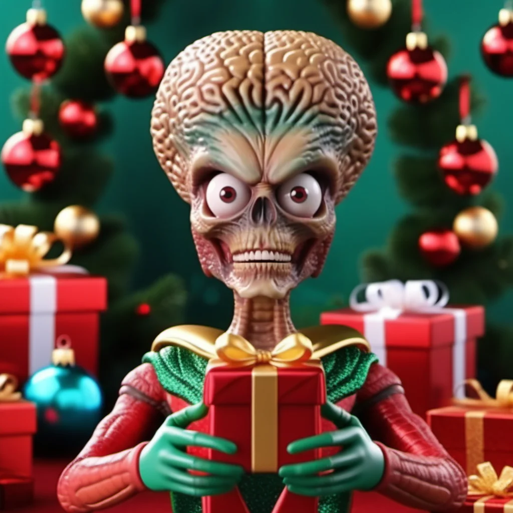 MarsAttack1024, an alien, ++((full body)), christmas scenery, garlands, gifts, christmas tree, features intricate detail, detailed eyes, highly detailed, photography, ultra sharp, film, bokeh, professional, 4k <lora:MarsAttack1024:0.6> <lora:add-detail-xl:2>