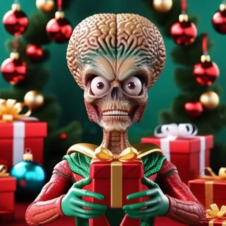 MarsAttack1024, an alien, ++((full body)), christmas scenery, garlands, gifts, christmas tree, features intricate detail, detailed eyes, highly detailed, photography, ultra sharp, film, bokeh, professional, 4k    <lora:MarsAttack1024:0.6> <lora:add-detail-xl:2>