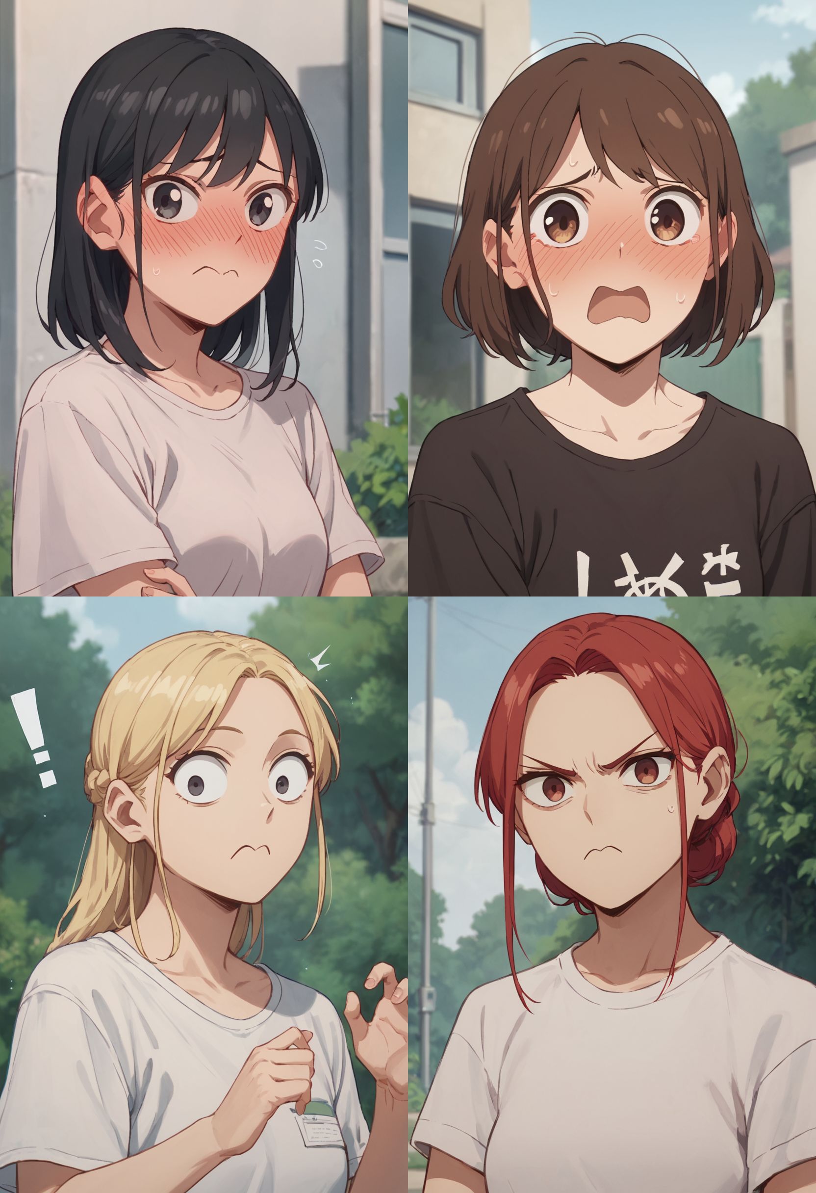 score_9, score_8_up, score_7_up
1girl, portrait, looking at viewer, outdoors
m-mouth
{black hair, blush, closed mouth, embarrassed, |
brown hair, blush, open mouth embarrassed |
blonde hair, closed mouth, surprised, |
red hair, closed mouth, annoyed, }
<lora:m-mouth2:1>
t-shirt