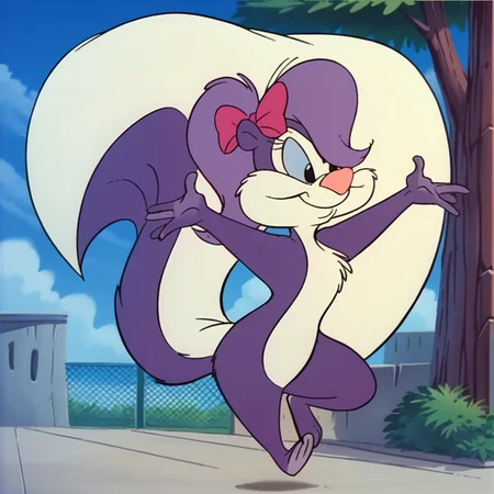 score_9, score_8_up, score_7_up, score_6_up, score_5_up, score_4_up, BREAK, <lora:FifiLaFume:1>, fifi la fume, 1girl, solo, smile, bow, animal ears, closed mouth, standing, tail, full body, ponytail, hair bow, outdoors, sky, day, cloud, black eyes, red bow, arms up, tree, blue sky, standing on one leg, outstretched arms, furry, two tone fur, purple fur, white fur, purple hair, skunk girl, furry female, body fur