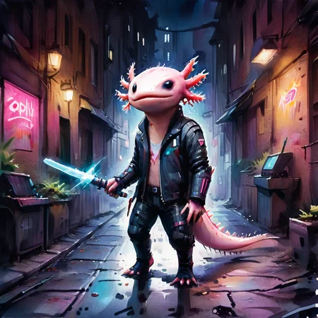 axomodelxl, axolotl in a neon-lit alley, wielding a plasma sword, cyberpunk setting, (watercolor style)