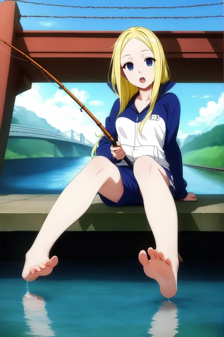 pixiv masterpiece, source_anime, score_9, score_8_up, score_7_up, score_6_up, absurd res, BREAK
<lora:Nino_arakawa_under_the_bridge_illu_v24-000017:1>, nino_arakawa_il, 1girl, solo, tracksuit, number_tag, blue_shorts, looking at viewer, full body, feet,small breasts, open mouth, sitting, holding fishing rod, water, sunny day, (bridge:0.85), <lora:foot focusv1.1:0.8>, feet, toes, foot, barefoot,