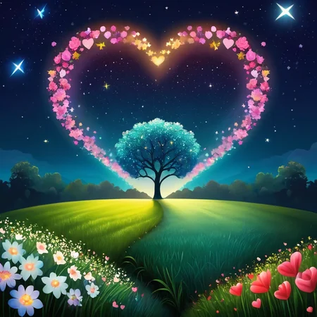 ValentineNatureStyle,flower,outdoors,sky,tree,no humans,night,grass,star (sky),heart shaped stars,heart shaped moon,nature,night sky,scenery,starry sky,field,colorful
,heart shaped flower,valentine, <lora:ValentineNatureStyle:1>, <lora:add_detail:0.8> <lora:more_details:0.8> <lora:colorfix:0.8>