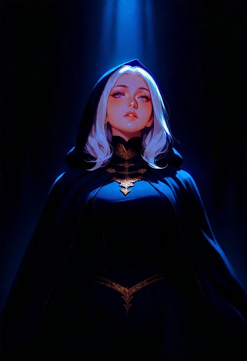 best quality, amazing quality, very  esthetic, newest, scenery, high-resolution, masterpiece,1girl, Wearing a traditional medieval cloak, made of blue, gold, and black fabric. Her gaze is soft and thoughtful, drawing attention to the fine details of her features, big breast, white hair. solo, dark background, Cinematic Lighting, 
 elegant moonlight, Elegant. close up,  parted lips.