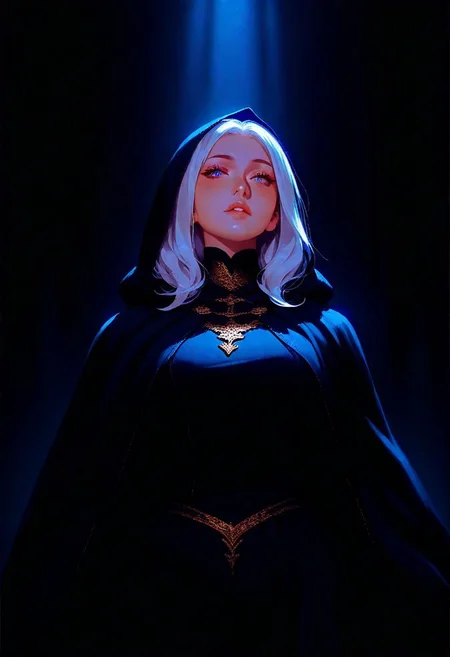 best quality, amazing quality, very  esthetic, newest, scenery, high-resolution, masterpiece,1girl, Wearing a traditional medieval cloak, made of blue, gold, and black fabric. Her gaze is soft and thoughtful, drawing attention to the fine details of her features, big breast, white hair. solo, dark background, Cinematic Lighting, 
 elegant moonlight, Elegant. close up,  parted lips.