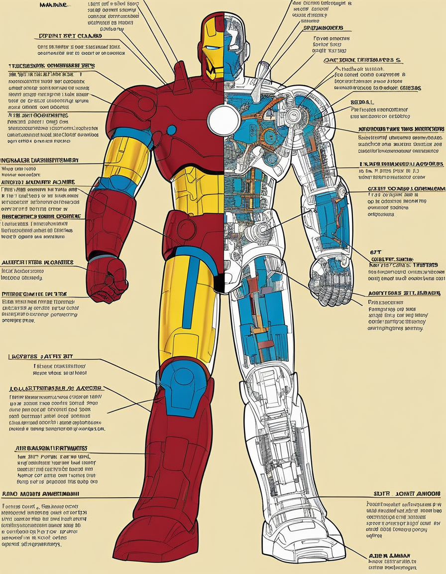 Imagine a technical cutaway diagram of Iron Man's suit. The outer layer of armor is partially transparent, revealing the complex inner workings underneath. You can see the intricate network of circuits, the support frame, and the energy pathways from the arc reactor to the rest of the suit. Each component is meticulously designed for functionality and strength. <lora:robot_info:0.75>