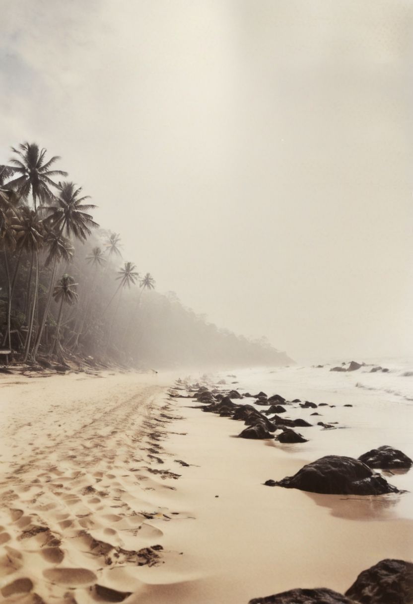 lith_agfabrovira_BEH111, instagram photo, a foggy beach in sri lanka, hard shadows, film grain
