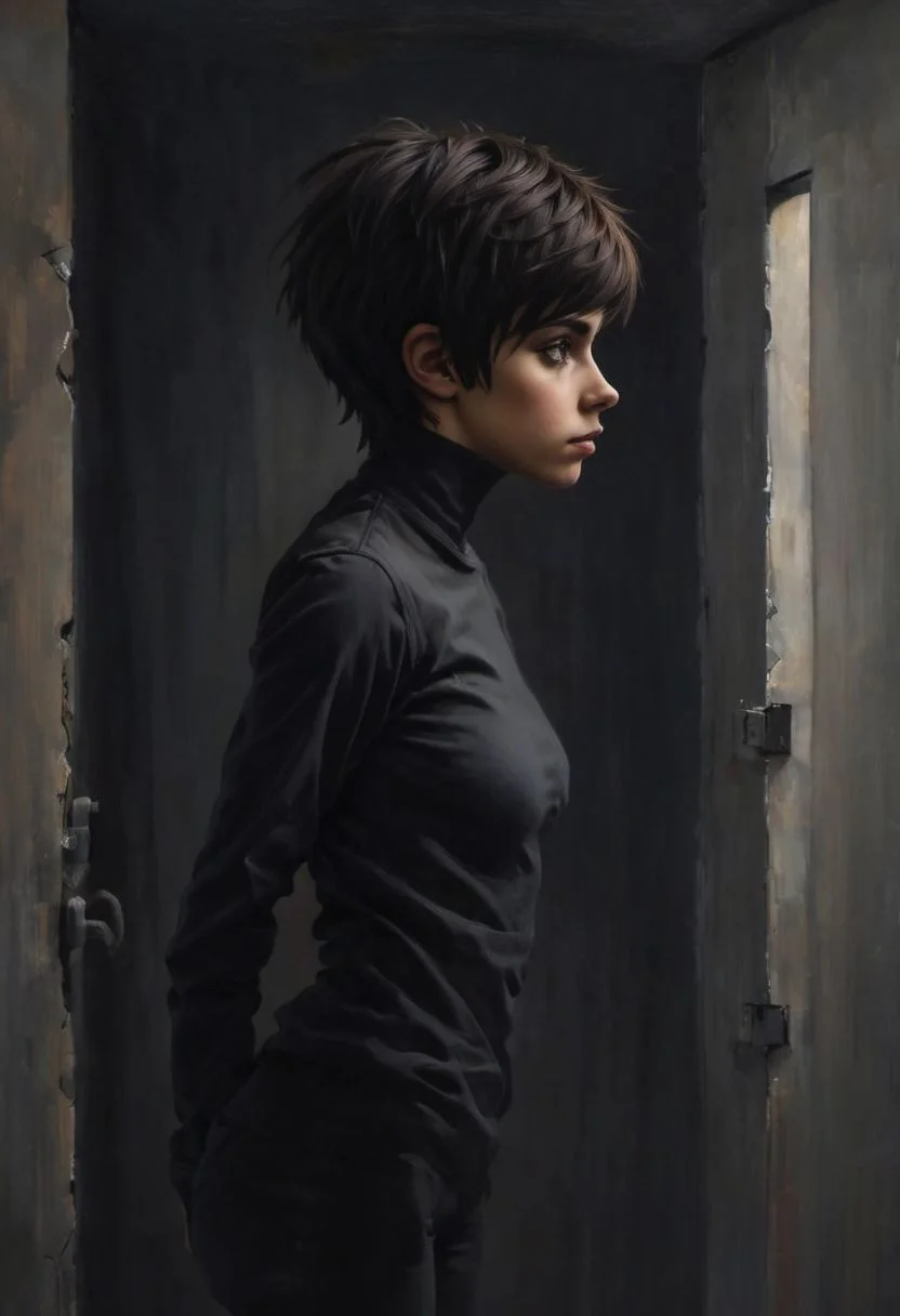 ((anime oil painting)), ((candid from side)), ((pretty girl)), (((cute stocky gymnastic half-Iranian/Hungarian tomboy standing shyly in dimly-lit prison cell))), (short messy dark-chestnut emo-cut hair with undercut), ((upturned pixie-nose)), ((tanned skin)), ((poised)), ((shy smile)), ((dimples)), (dark eyes), ((spine)), ((ass)), (((large dark areolae))), ((pointed medium boobs)), ((clitoris)), ((short emo-cut hair with undercut)), ((dramatic diffused dim lighting from side)), Intricate textures, (high detailed skin:1.5),
