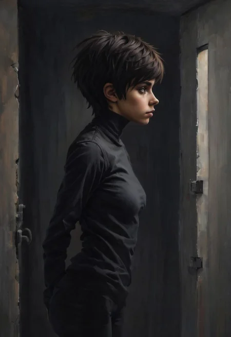 ((anime oil painting)), ((candid from side)), ((pretty girl)), (((cute stocky gymnastic half-Iranian/Hungarian tomboy standing shyly in dimly-lit prison cell))), (short messy dark-chestnut emo-cut hair with undercut), ((upturned pixie-nose)), ((tanned skin)), ((poised)), ((shy smile)), ((dimples)), (dark eyes), ((spine)), ((ass)), (((large dark areolae))), ((pointed medium boobs)), ((clitoris)), ((short emo-cut hair with undercut)), ((dramatic diffused dim lighting from side)), Intricate textures, (high detailed skin:1.5),