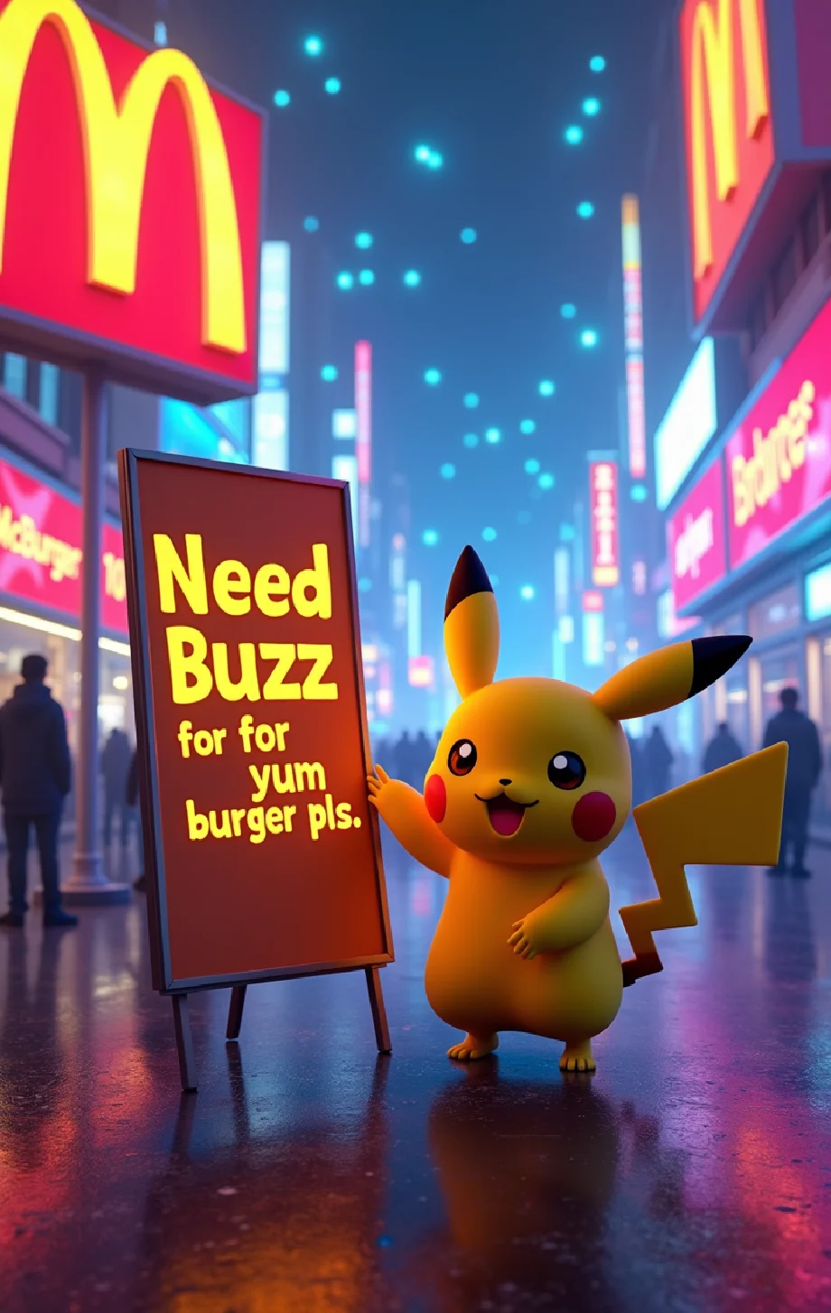 Create a vibrant, futuristic poster for a 'fluffy pokemon' set in a glowing cityscape filled with neon lights and electric energy. In the center, a pikachu standing next to Mcdonald's poster with text "McBurger 10 buzz" written with logo. Next,
Pikachu holding a large board that says 'Need Buzz' for 'yum burger pls' in bold, eye-catching text.