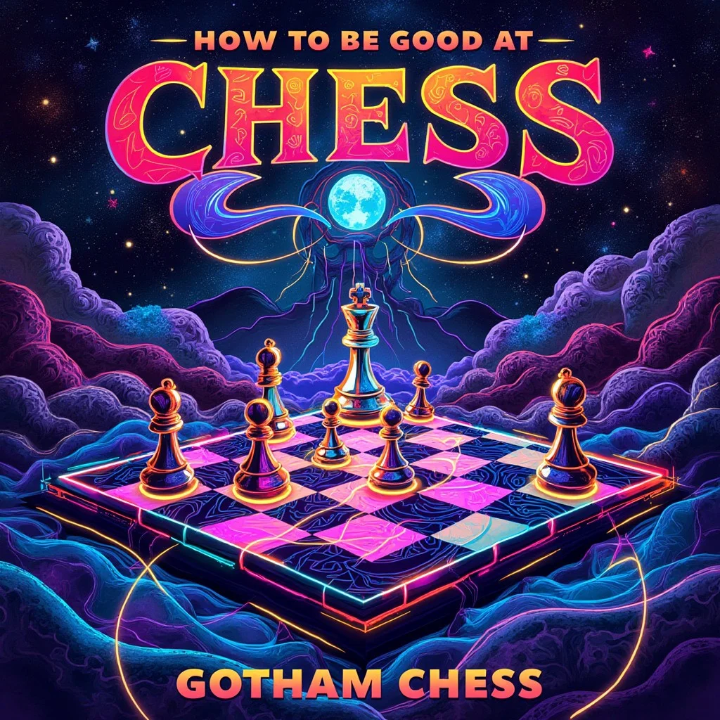 book_cover, title "How to be good at chess?" written by Gotham Chess", Psychedelic book cover design, featuring a surreal chessboard with warped, colorful squares, swirling patterns in vibrant hues, floating chess pieces, neon accents, glowing edges, abstract textures. The title "How to be good at chess" in large, bold, stylized font at the top, written by "Gotham Chess" in smaller font below. Background filled with fractal-like patterns, dreamy cosmic elements like stars and nebulae. Chessboard is slightly tilted, pieces defying gravity, glowing lines connecting them. The overall design has a mystical, mind-bending feel, inspired by the 1960s psychedelic art movement, with intense colors, intricate details, and a kaleidoscopic, hypnotic atmosphere.