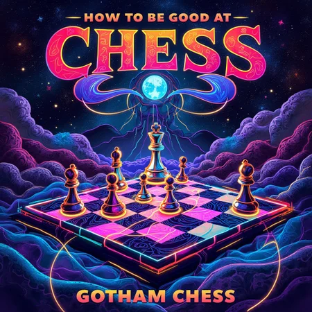 book_cover, title "How to be good at chess?" written by Gotham Chess", Psychedelic book cover design, featuring a surreal chessboard with warped, colorful squares, swirling patterns in vibrant hues, floating chess pieces, neon accents, glowing edges, abstract textures. The title "How to be good at chess" in large, bold, stylized font at the top, written by "Gotham Chess" in smaller font below. Background filled with fractal-like patterns, dreamy cosmic elements like stars and nebulae. Chessboard is slightly tilted, pieces defying gravity, glowing lines connecting them. The overall design has a mystical, mind-bending feel, inspired by the 1960s psychedelic art movement, with intense colors, intricate details, and a kaleidoscopic, hypnotic atmosphere.