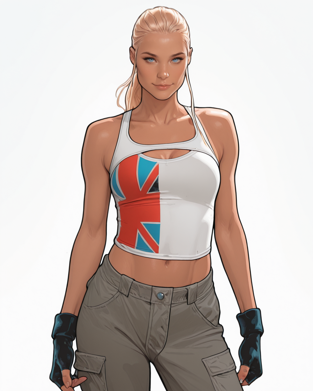 masterpiece, best quality, absurdres, perfect quality, absolutely eye-catching,   <lora:JeffSpokesIllus:1> jspokes,    <lora:JennySparksIllus:1> jennysparks, blonde hair, blue eyes, ponytail, sidelocks, tank top, clothing cutout, pants, fingerless gloves, midriff, solo, seductive smile, cowboy shot, simple background,
