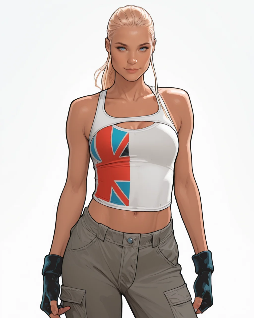 masterpiece, best quality, absurdres, perfect quality, absolutely eye-catching, <lora:JeffSpokesIllus:1> jspokes, <lora:JennySparksIllus:1> jennysparks, blonde hair, blue eyes, ponytail, sidelocks, tank top, clothing cutout, pants, fingerless gloves, midriff, solo, seductive smile, cowboy shot, simple background,