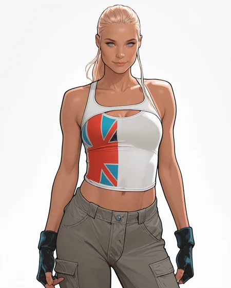 masterpiece, best quality, absurdres, perfect quality, absolutely eye-catching, <lora:JeffSpokesIllus:1> jspokes, <lora:JennySparksIllus:1> jennysparks, blonde hair, blue eyes, ponytail, sidelocks, tank top, clothing cutout, pants, fingerless gloves, midriff, solo, seductive smile, cowboy shot, simple background,