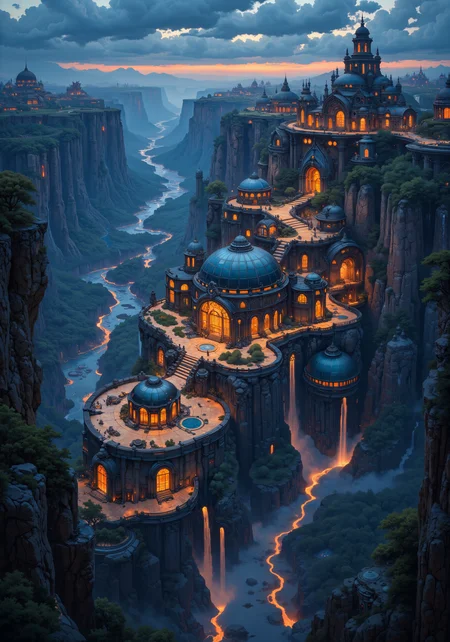 A breathtaking aerial perspective of a colossal canyon city at dusk. Vast, layered canyons blend with futuristic urban clusters clinging to rugged cliffs. Intricate rock textures and crystalline water features create a dynamic interplay between natural grandeur and visionary architecture. Expansive composition highlights interwoven streets, reflective glass domes, and radiant neon accents against deep indigo skies and fiery amber highlights. Dramatic, atmospheric lighting casts elongated shadows and illuminates cascading waterfalls along winding river courses. Advanced quality enhancersâ8k, masterpiece, intricate details, volumetric lightâelevate the cinematic framing of this surreal vista. Emotive, evocative color palettes and meticulous spatial dynamics celebrate the monumental scale of this urban oasis carved into nature's embrace. <lora:Niji V2B:0.5> <lora:ArtNouveau2Flux:0.7> <lora:flux_dev:1>