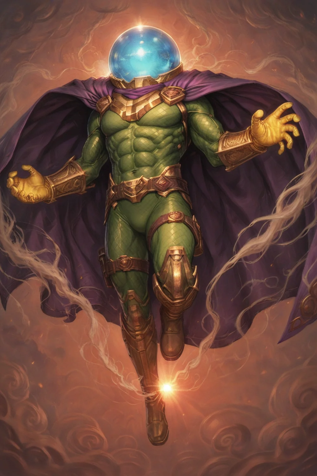 score_9, score_8_up, score_7_up, 8k, very detailed, high detailed texture, depth of field, golden hour, cinematic illumination, volumetric lighting, lab, city skyline, low shot, flying, action shot, <lora:AIPansen__Mysterio:0.8>1boy, cape, armor, gloves, helmet, superhero, bodysuit, purple cape, muscular, abs, glowing, smoke, boots, belt, green suit <lora:1dkXLP:0.8> 1dk, portrait