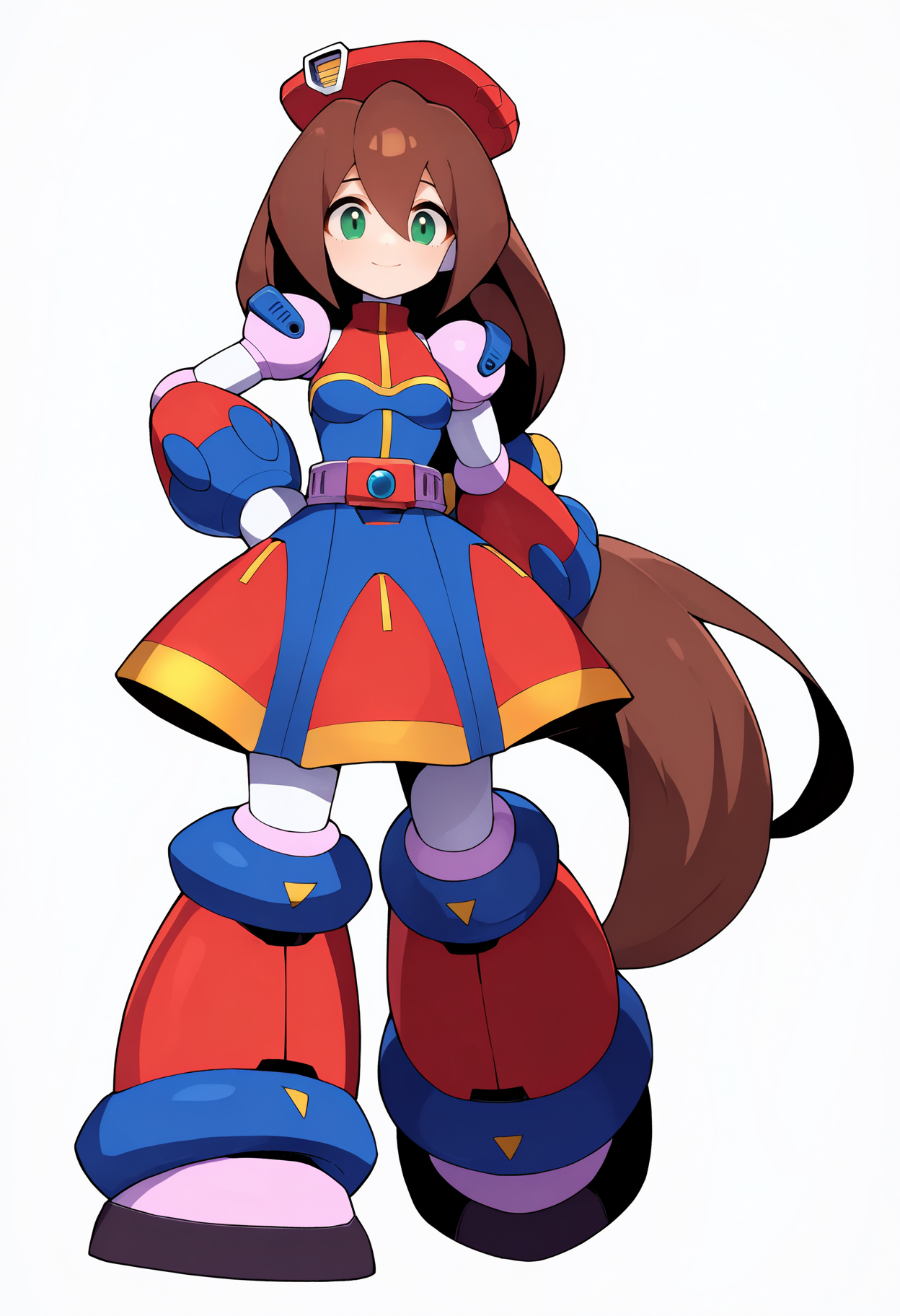 masterpiece, best quality, very aesthetic, absurdres,
1girl, airisu, brown hair, low-tied long hair, long hair, hair between eyes, green eyes, 
beret, android, dress, robot,
smile, hand on hip, standing, full body,
looking at viewer, solo, simple background, white background,   <lora:IrisNoobXL_byKonan:1>
