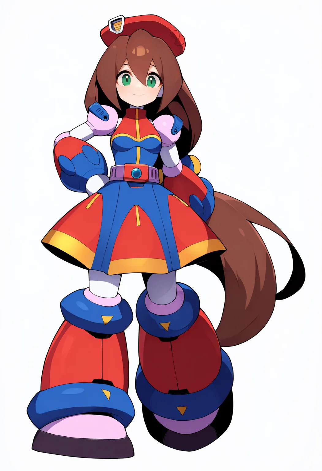 masterpiece, best quality, very aesthetic, absurdres,
1girl, airisu, brown hair, low-tied long hair, long hair, hair between eyes, green eyes,
beret, android, dress, robot,
smile, hand on hip, standing, full body,
looking at viewer, solo, simple background, white background, <lora:IrisNoobXL_byKonan:1>