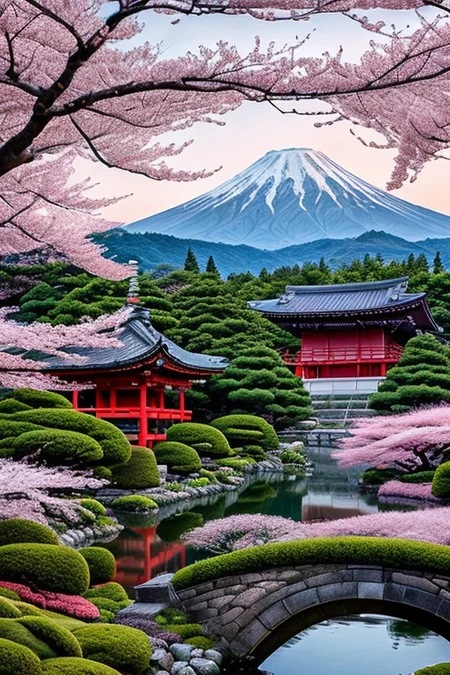 (best quality),hyper detailed,perfect anatomy,dusk,outdoor,in spring,falling petals,cherry blossoms, mountains, Japanese edo period temple in distance, garden, lake, bridge , magical, mystical