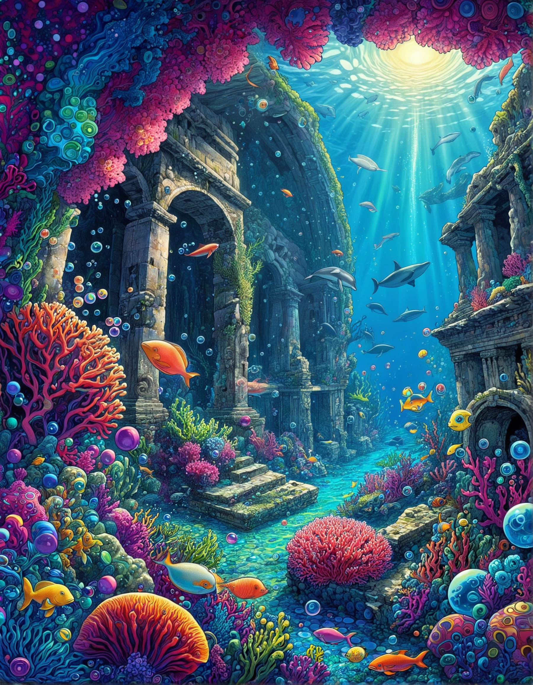 trippy artwork, illustration, abstract, vibrant, underwater, fantasy coral reef, colorful coral, fish, whales, kelp, aquatic vegetation, ancient ruins, rocks, bubbles, high contrasts