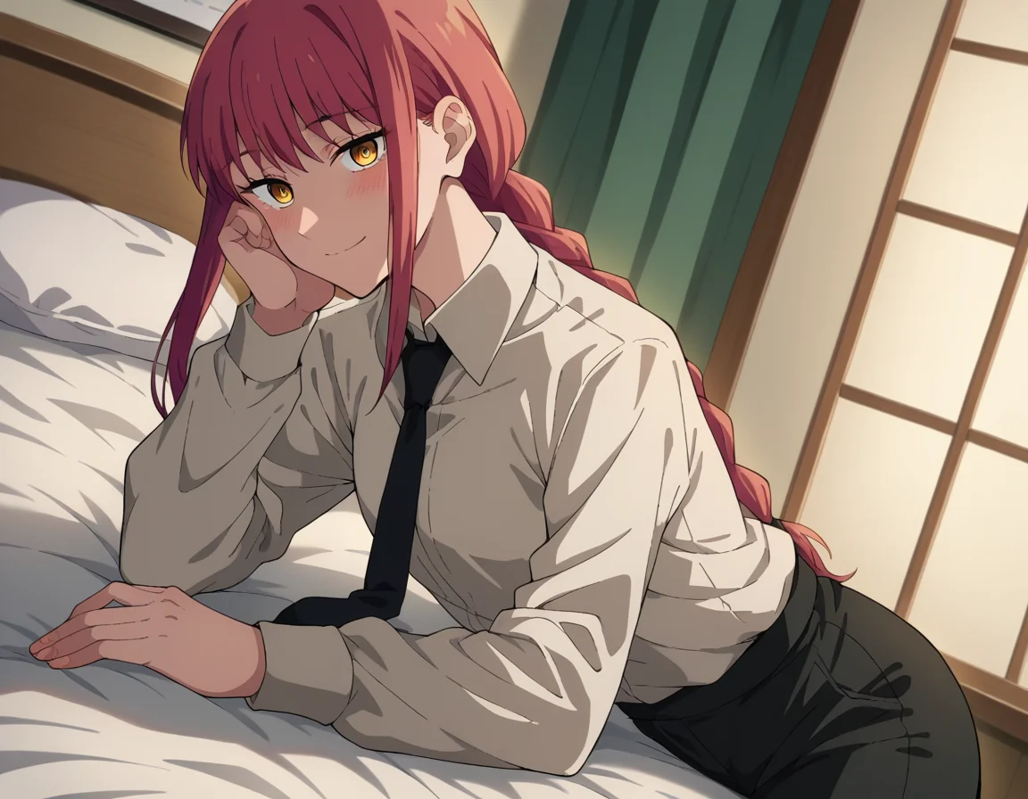 score_9, score_8_up, score_7_up, source_anime,
makima, <lora:chainsaw-man-makima-s1-ponyxl-lora-nochekaiser:1>
makima, long hair, smile, bangs, yellow eyes, braid, red hair, braided ponytail, ringed eyes,
shirt, long sleeves, white shirt, necktie, collared shirt, pants, black pants, formal, suit, black necktie, shirt tucked in, office lady,
indoors, bed, bed room, on side, blush, drunk,
looking at viewer, cowboy shot, dutch angle,