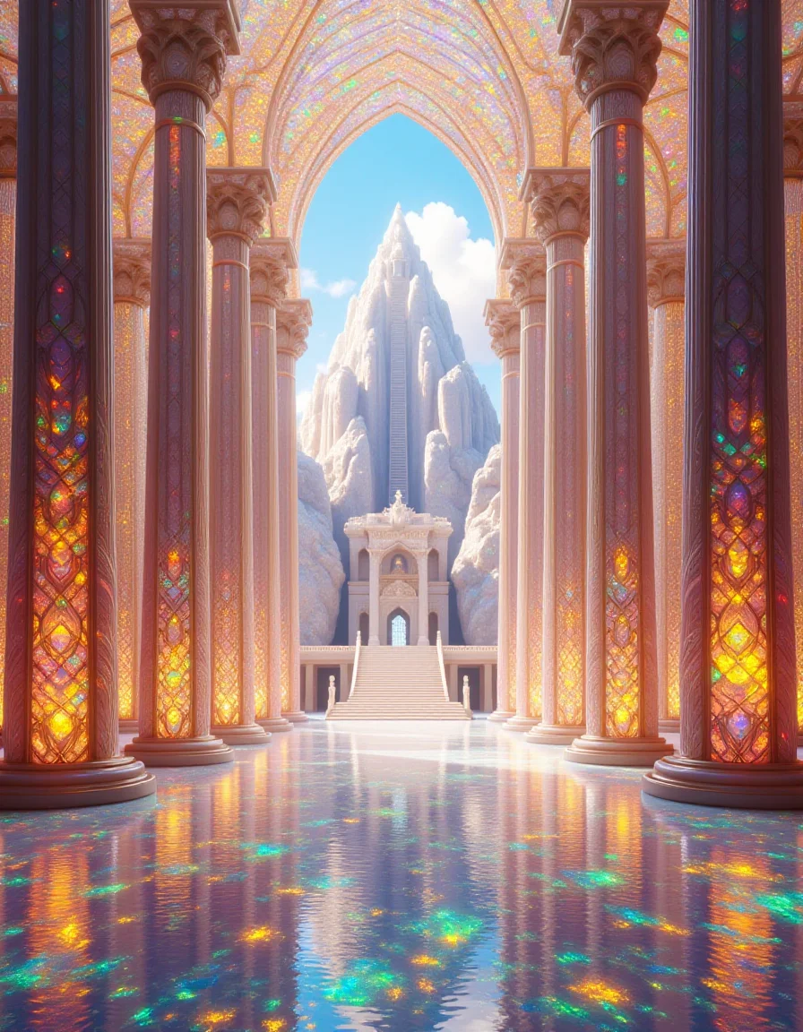A grand temple rising from a glowing ral-opal mountaintop, its towering spires crafted from radiant opal and carved with intricate, flowing patterns. Each spire reflects sunlight in dazzling hues of gold, blue, and green, casting ethereal light across the surrounding landscape. Inside the temple, enormous ral-opal pillars reach to a vaulted ceiling that glows with soft pink and orange hues. Pools of glowing opal liquid line the floor, their surfaces rippling with intricate reflections that dance across the walls. Beams of light stream through the stained opal windows, creating a mesmerizing interplay of color and shadow in the sacred space.
<lora:ral-opal-flux_000004000:1>