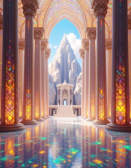 A grand temple rising from a glowing ral-opal mountaintop, its towering spires crafted from radiant opal and carved with intricate, flowing patterns. Each spire reflects sunlight in dazzling hues of gold, blue, and green, casting ethereal light across the surrounding landscape. Inside the temple, enormous ral-opal pillars reach to a vaulted ceiling that glows with soft pink and orange hues. Pools of glowing opal liquid line the floor, their surfaces rippling with intricate reflections that dance across the walls. Beams of light stream through the stained opal windows, creating a mesmerizing interplay of color and shadow in the sacred space.
<lora:ral-opal-flux_000004000:1>