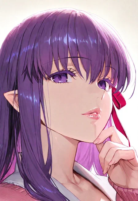 1girl, Matou Sakura \(fate\),, adult woman, masterpiece, pink cardigan, a white, hand up, violet hair, long hair, red-pink ribbon on the left side of hair, pointy ears, luscious lips, lip gloss, portrait, colored eyelashes, backlighting, violet eyes, goddess, glossy skin, ,hires,best quality, very aesthetic,absurdres,score_9, score_8_up, score_7_up, score_6_up, score_5_up, score_4_up, (hyper extreme detailed), (hyper quality), game CG, (colour:1.2),(from side:0.7)