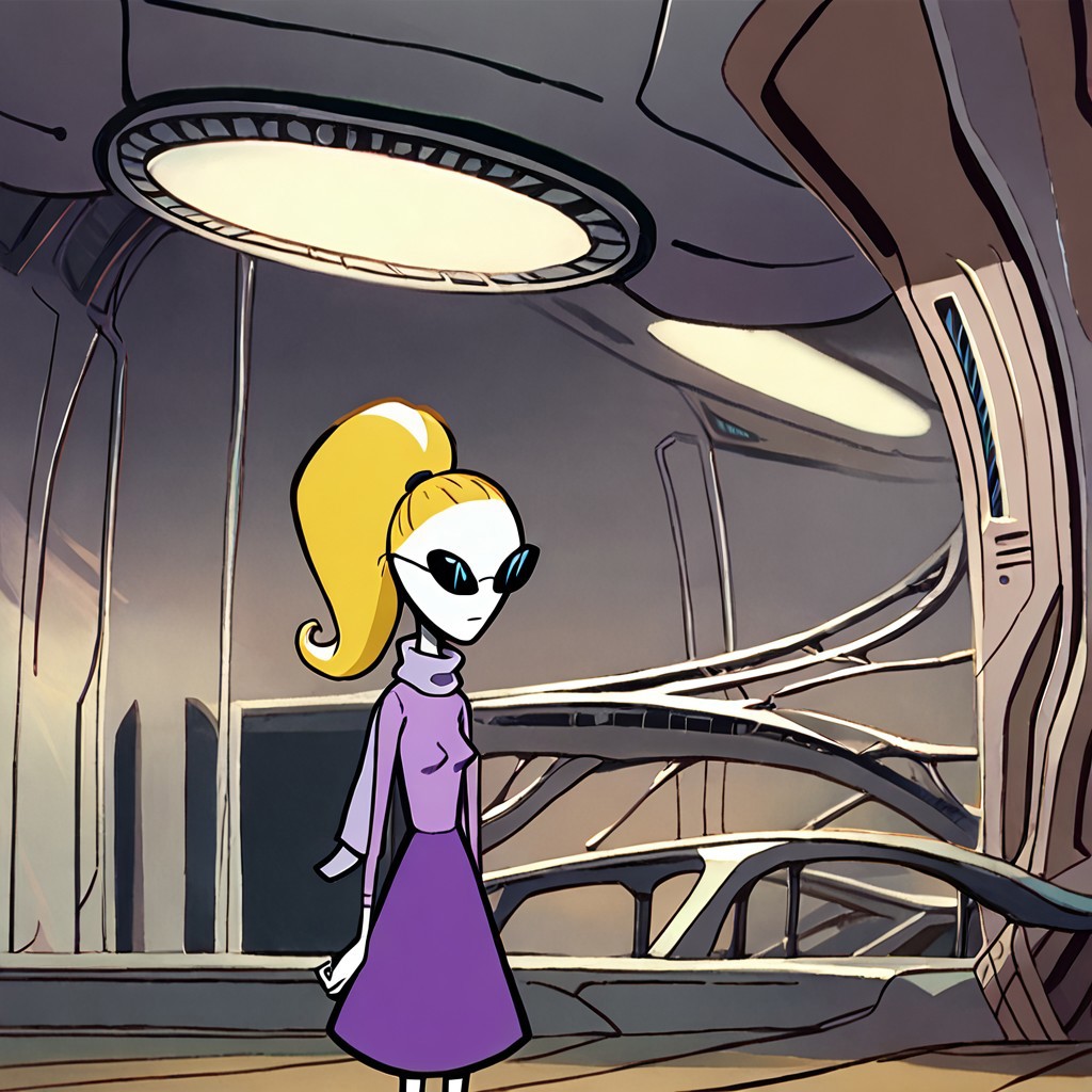 score_9, score_8_up, score_7_up BREAK YvetTO, 1girl, blonde hair, ponytail, pale skin, black eyes, black alien eyes, alien, black sunglasses, long-sleeved light purple shirt, lavender scarf, purple skirt, inside spaceship, floating inside spaceship, closeup,