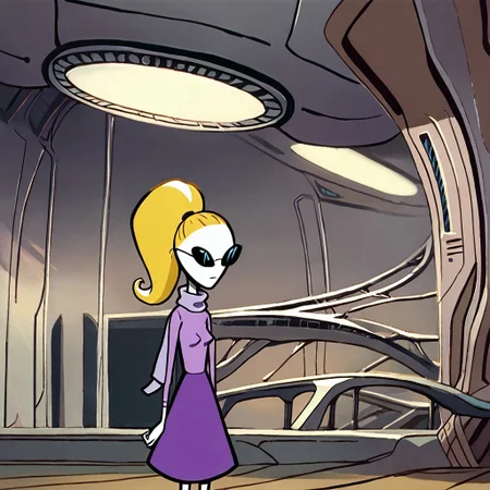score_9, score_8_up, score_7_up BREAK YvetTO, 1girl, blonde hair, ponytail, pale skin, black eyes, black alien eyes, alien, black sunglasses, long-sleeved light purple shirt, lavender scarf, purple skirt, inside spaceship, floating inside spaceship, closeup,