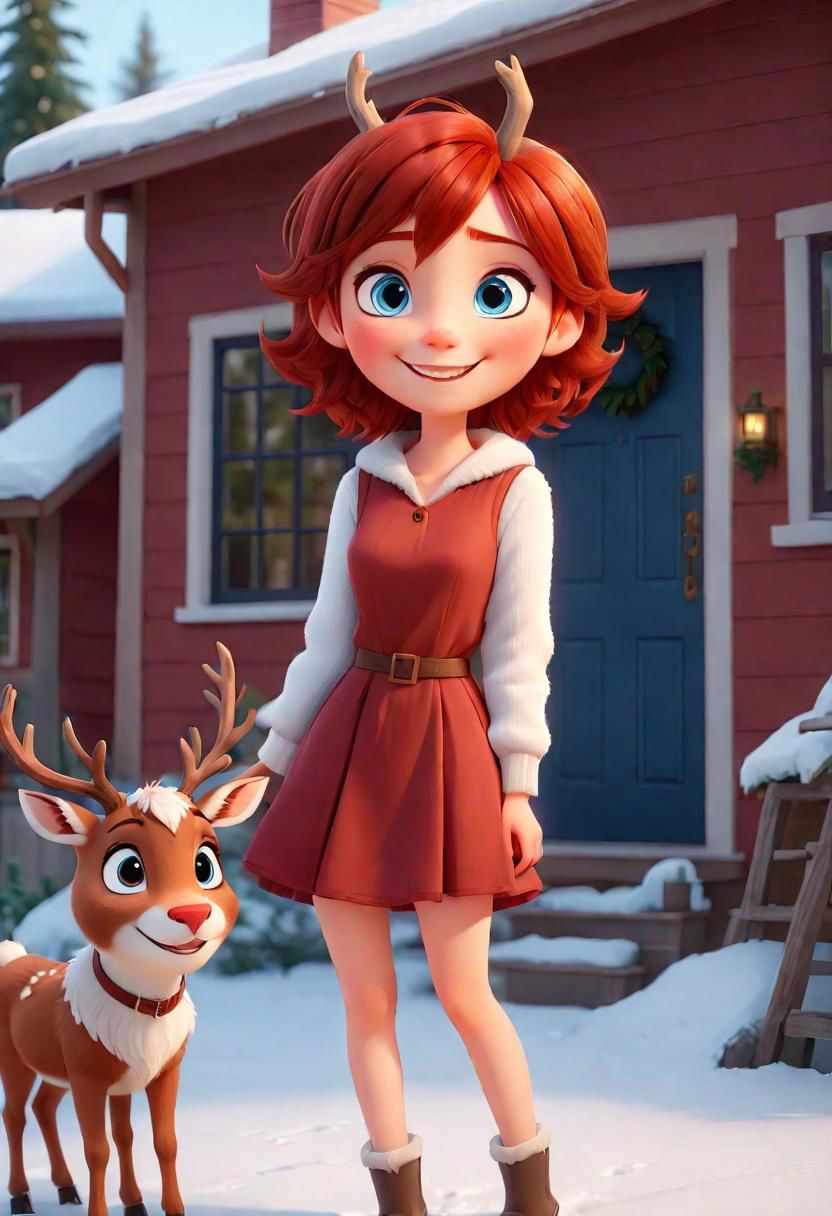(disney pixar style:1.2) (cute adorable girl:1.15) (adult age 19:1.2)  short cherry darkred hair, smiling, thin and fit, wearing a red dress, large breasts, big blue eyes, anthro reindeer, big reindeer horns, standing outside her house in winter, the house is decorated for christmas