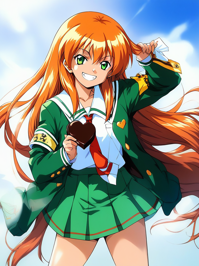 score_9, score_8_up, score_7_up, source_anime, rating_explicit, BREAK  <lora:Akai_Homura_XL:1> Akai_Homura, very long hair, green eyes, orange hair,
1girl, solo, smile, necktie, grin, armband, school uniform, looking at viewer, holding, shirt, jacket, chocolate, Valentine,
day, sky,