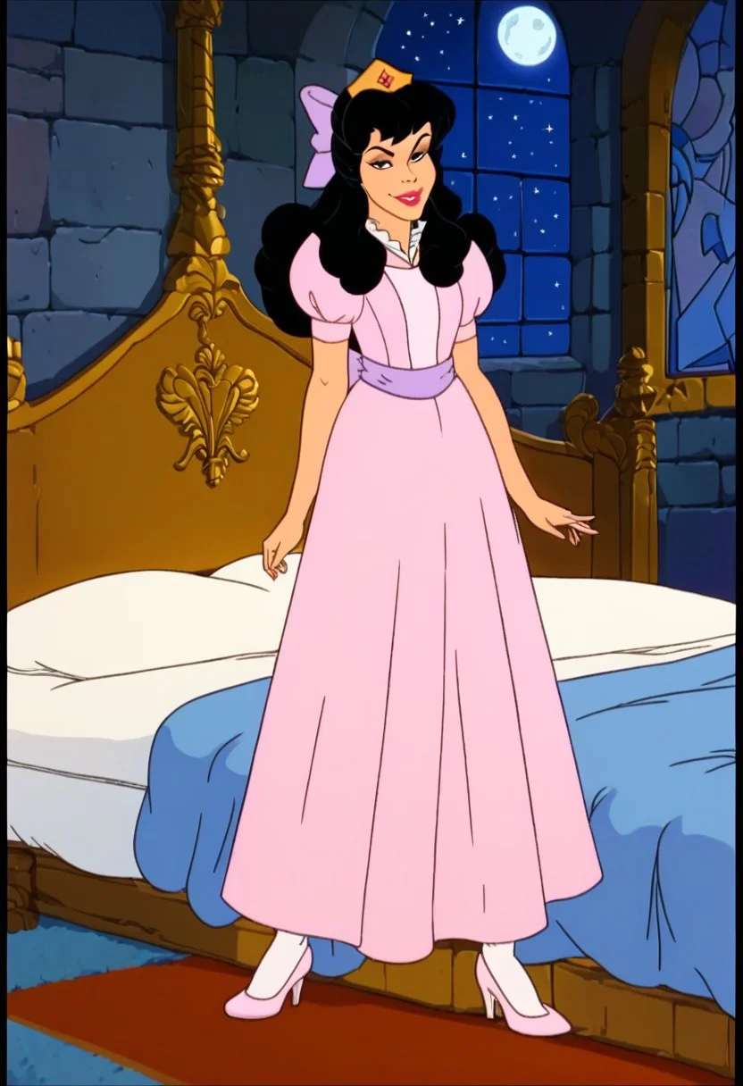 score_9, score_8_up, score_7_up, female, 1girl, solo, xmariex, black hair, long hair, black eyes, crown, hair bow, pink dress, bow, white pantyhose, high heels, makeup, lipstick, seductive smile, inviting to sex, indoors, bedroom, bed, standing in front of bed, window, night time, full moon, stars, OverallDetail,
