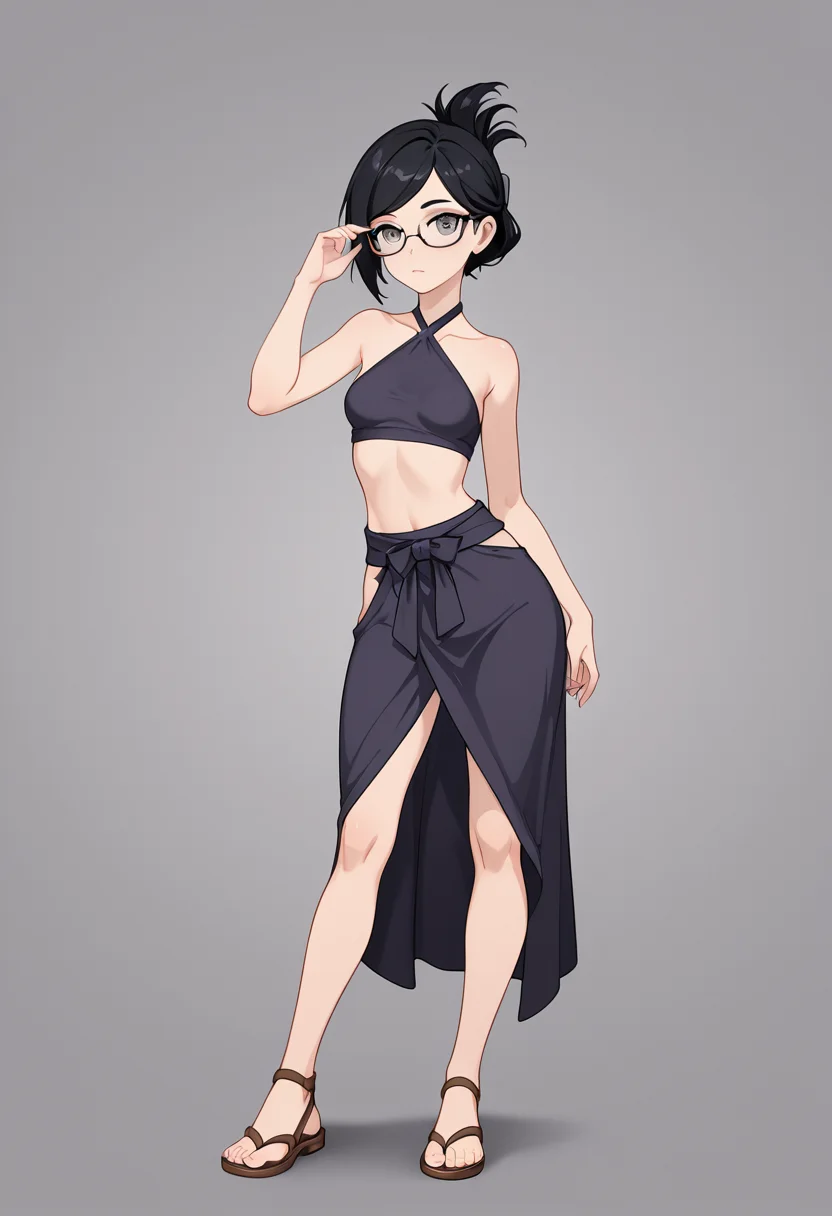 lazypos, 1girl, small breasts, black hair, folded ponytail, gray eyes, glasses, swept bangs, (purple eyeshadow:0.5), contrapposto, sandals