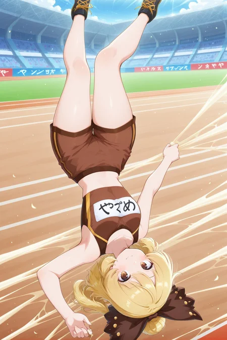 absurdres, highres, masterpiece, best quality, amazing quality, official anime artwork, screencap, anime screencap, outdoors, looking at viewer, light smile, dynamic pose, grabbing, jump,
<lora:Yamame-Kurodani_Illustrious:1> kurodani yamame, 1girl, solo, brown eyes, blonde hair, long hair, ponytail, small breasts,, kurodani yamame \(worm moon earth spider\), alternate costume, hair bow, brown bow, brown shirt, sleeveless shirt, midriff, name tag, brown shorts, black shoes, silk,
stadium, gym, midair, upside down,