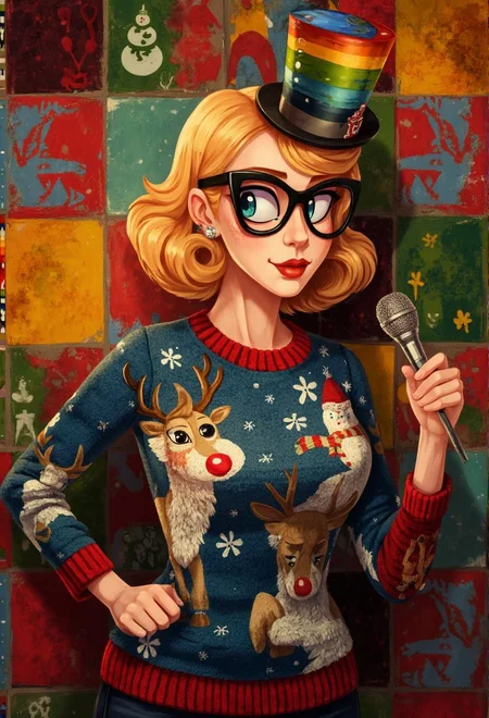 <lora:ck-LttleGhost-000011.safetensors:1> in the style of ck-lttlegh0stA pale-skinned woman with strawberry-blonde hair and oversized black glasses wears a riotous Christmas sweater adorned with reindeer, snowmen, and a large-eyed face. She stands against a multicolored patchwork background, holding a small retro microphone. A whimsical top hat sits atop her head, its rainbow colors gradating from deep crimson to electric blue. The overall effect is playful and mischievous, evoking the style of 1950s pop art.