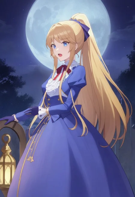 ((masterpiece)), ((best quality)), high detailed, ultra-detailed, intricate details, detailed, fit, small breasts, (moonlight night background), night, (moon), open mouth, LP_aileen, 1girl, blonde hair, blue eyes, long hair, ponytail, bangs, blue dress, gloves, puffy sleeves, ribbon, cross-laced footwear, night, landscape