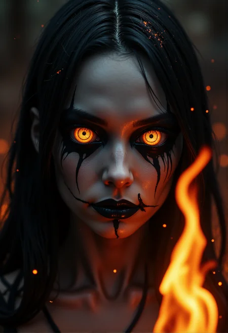Horror-themed сlose-up. The battle witch. (katana flaming sword in front of you, shiny metal:1.3). (black gaping eyes, fire in the eyes:1.2). (black-fire pupils:1.2). Black veins, black lips and black mouth paint. Pale gray face, pale dry lips. Glare, flying particles of flame and embers. Scary and mystical atmosphere.
 <lora:DarksunRiddV4:1> 
<lora:New_Fantasy_CoreV4_FLUX:1>
 <lora:FL-bailing-24-0906Fire Spirit:0.7> bailing_fire, A girl made entirely of flames stands. Eerie, unsettling, dark, spooky, suspenseful, grim, highly detailed
