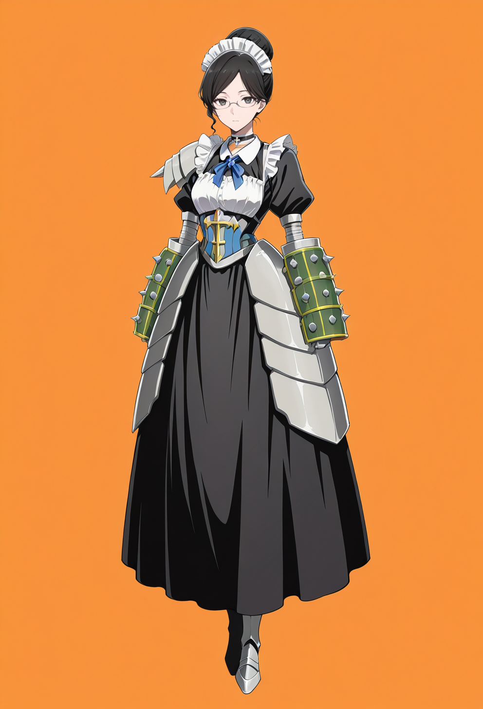 masterpiece, best quality,
1girl, solo, full body, 
standing,
looking at viewer, expressionless, 
simple background, orange background,
 <lora:Yuri_Alpha:1> Y0r14lph4, black hair, single hair bun, hair bun, 
maid headdress, glasses, armor, dress, cross, choker,