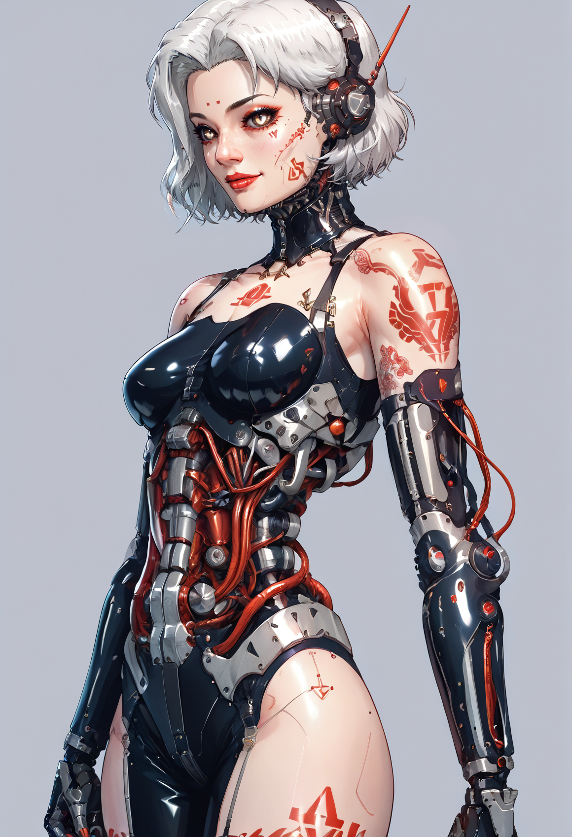 score_9,score_8_up,score_7_up,score_6_up,score_5_up,score_4_up,1 girl,solo,female focus,looking at the spectator,(5'2" 100 lbs, 32A, petite build, medium breasts, drop-shaped breasts, symmetrical breasts, toned legs, flat stomach, multiple tattoos, bright smile, piercing brown eyes, Retro Gray and white hair colors, porcelain skin:1.3),(Nanosuit in black latex, white lace edges, hugs nipples, gold titanium skeletal parts, carbon-titanium details, nano robo arms, legs in high heels, premium exoskeleton, red accents, velvet ribbons, diamond inserts, high detail textures, sleek and shiny.:1.3),(plain contrasting background:1.3),(full-length:1.5),hands,Perfect hand,Perfect feet,Perfect eyes,cyb0rg,science fiction,cable,mechanical parts,<lora:feet v3:1>,<lora:hand 4:1>,<lora:PerfectEyesXL:1>,zPDXL2,zPDXLpg,<lora:cyb0rgXLP:0.8>,<lora:add-detail-xl:1>,<lora:DP-Pony:1>,p33rs,<lora:incase_style_v3-1_ponyxl_ilff:0.2>,